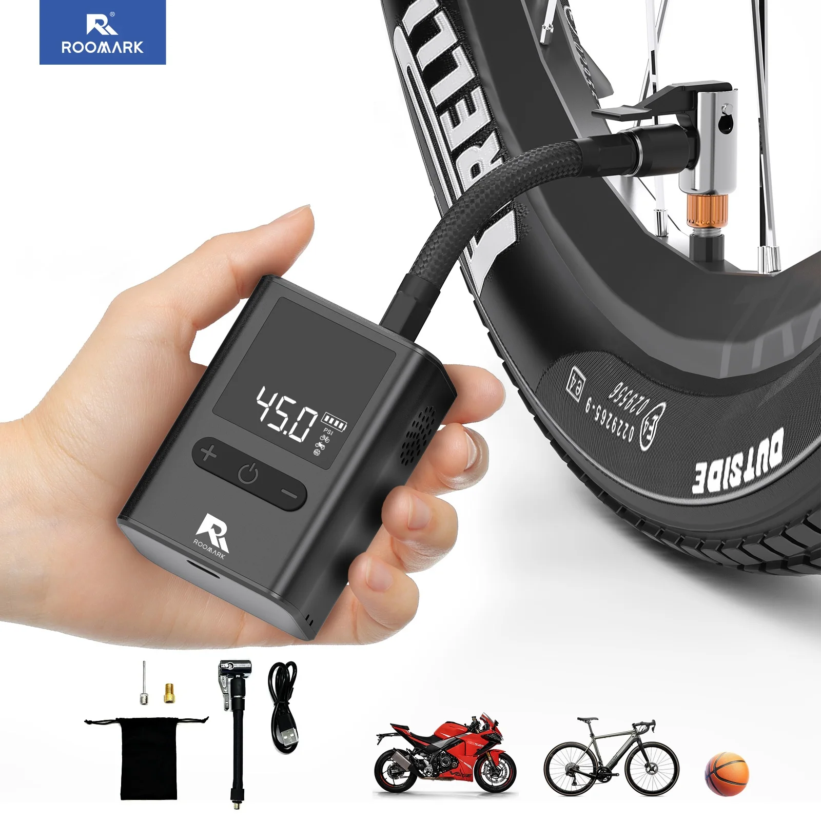 ROOMARK Portable Electric Bike Pump, Max 100 PSI 1000 mAh Auto Shut-Off Air Pump with Pressure Display for Motor Bike Cars Ball