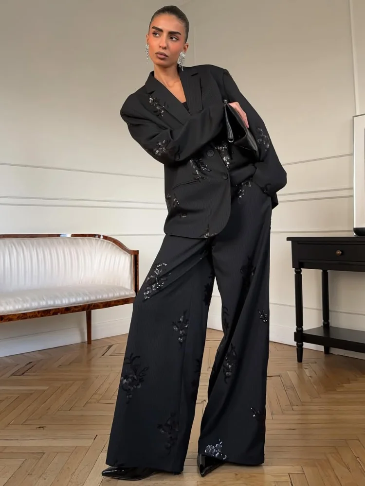 Fashion Sequinned Shirt Suit Women Elegant Lapel Long Sleeves Top Elastic Waist Pants 2Pcs Set 2026 Lady Street Spring Suits