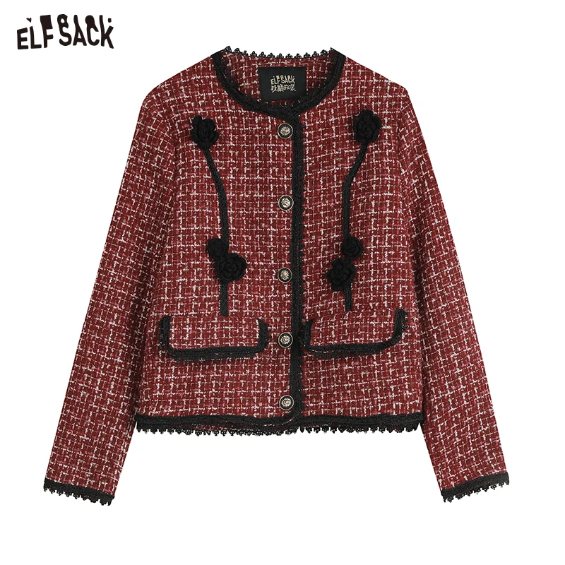 ELFSACK Tweed Elegant Woolen Coats Woman Winter Short Cotton Jackets