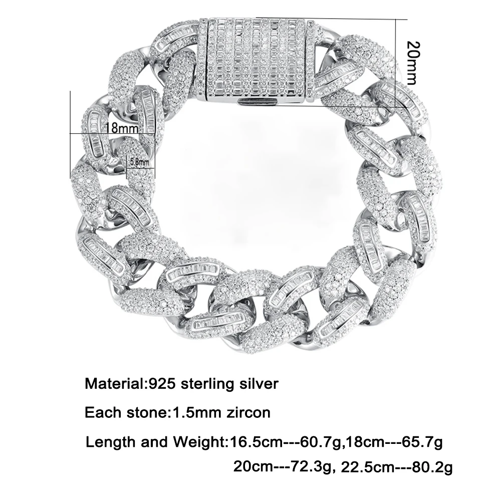 남성용 925 스털링 실버 쿠바 체인 힙합 팔찌, 1.5mm 지르콘 풀 다이아몬드 팔찌, 파티 웨딩 파인 쥬얼리, 트렌디