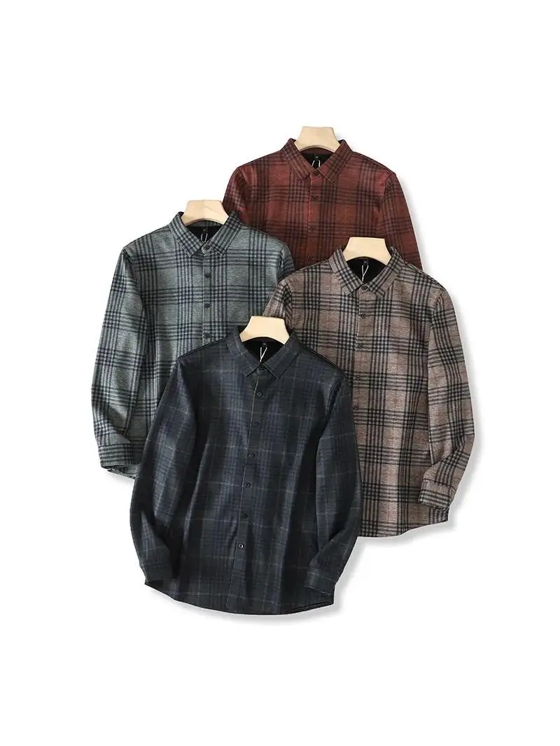 

Classic Plaid Long Sve Fce Lined Silk Wool Blend irt Jaet Autumn Winter Warm Thiened Stand Fit Busin Casual