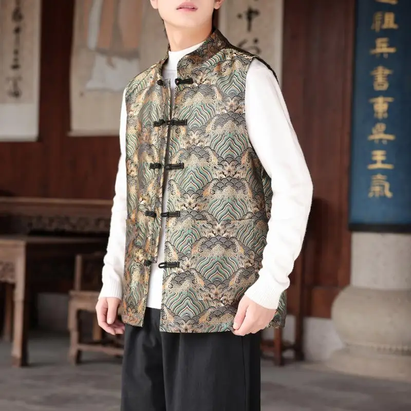 Men New Chinese Style Jacquard Vest Traditional Tang Suit Outerwear Casual Sleeveless Jacket Stand Collar Sleeveless Waistcoat