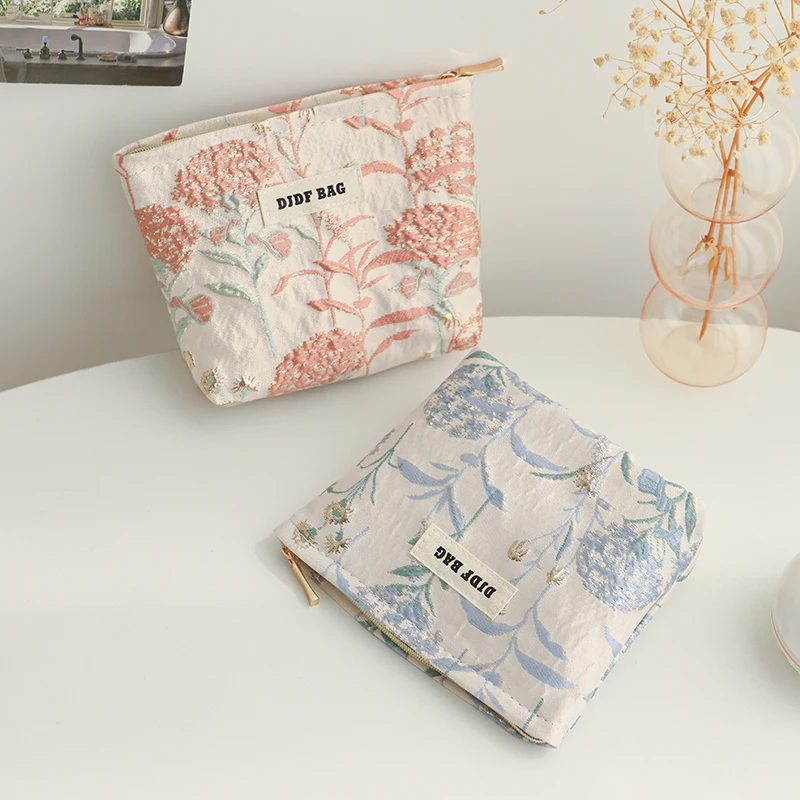 Women\'s Makeup Bag Small Blue Flower Large Capacity Lipstick Loose Change Storage Bag Handy Hand Clutch Bag Small Coin Purse Ins