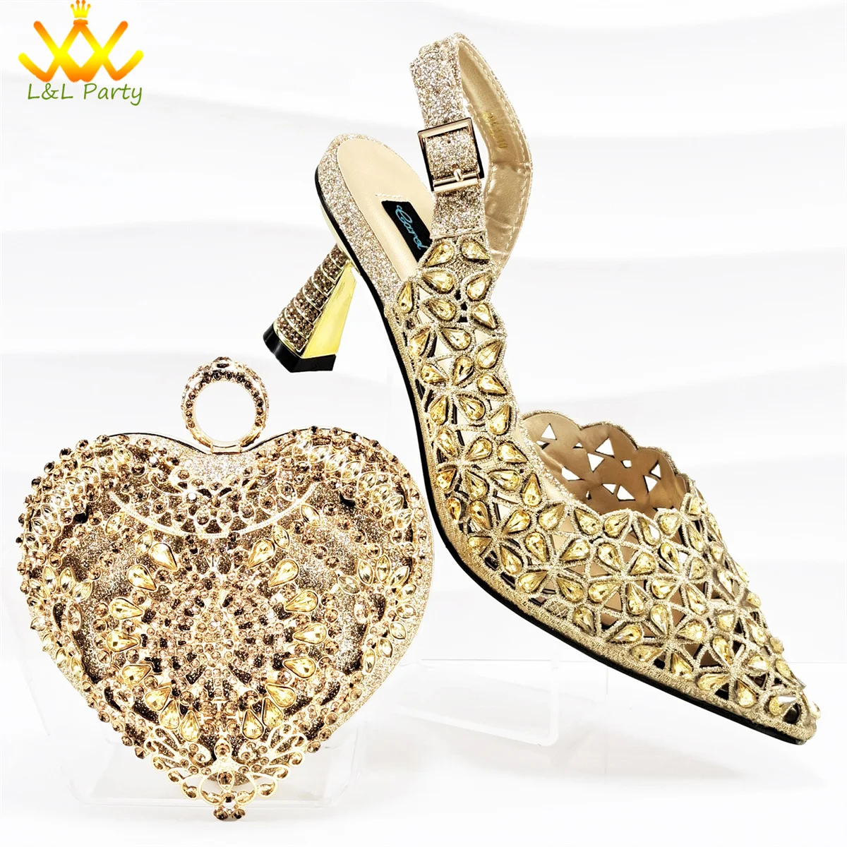 2025 European Style Noble Women's High Heels Paired with Handbag Diamond Hollow Design, Popular in Orange Color