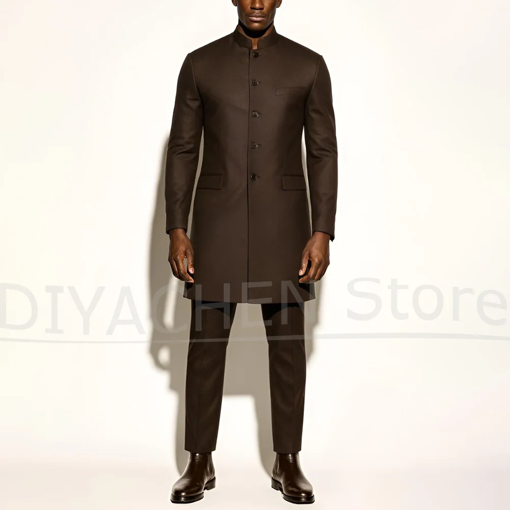 طقم بدلة رجالي بياقة واقفة، سترة طويلة بصدر واحد مع بنطال، ملابس رسمية أنيقة لحفلات الزفاف، قطعتين #2