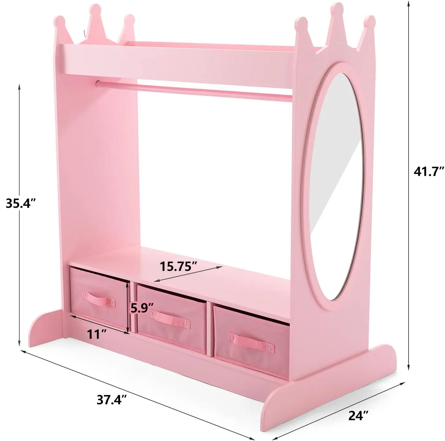 Armazenamento de vestir infantil com espelho e gavetas, armário de vestir, guarda-roupa de fantasia, armário de armazenamento de simulação com parte superior de bolso lateral