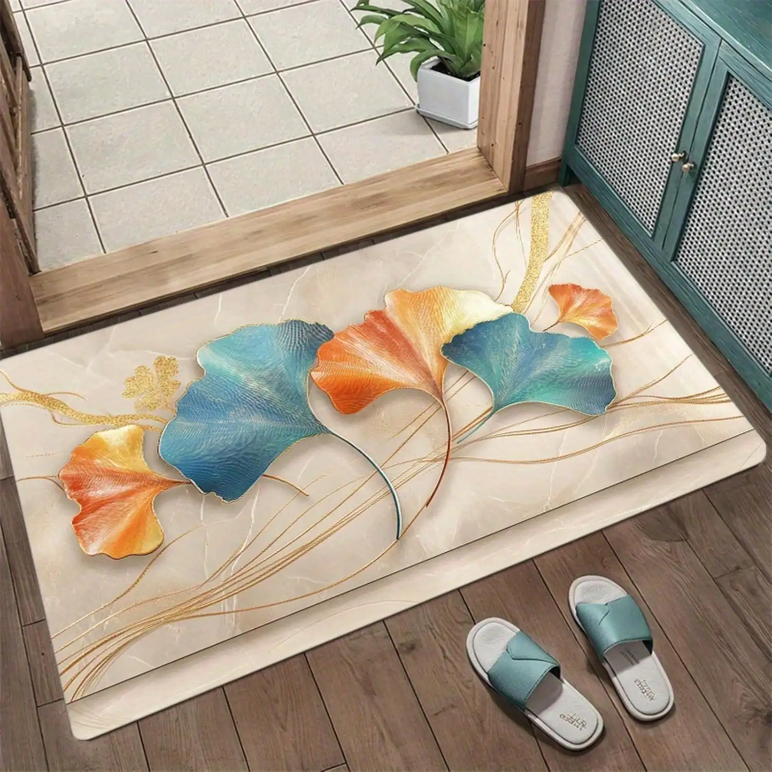 1pc Minimalist Ginkgo Leaf With Golden Border Washable Floor Mat, Soft Non-Slip Doormat, Bathroom Mat, Kitchen Mat, Laundry Room, Bedroom, Living Room Mat