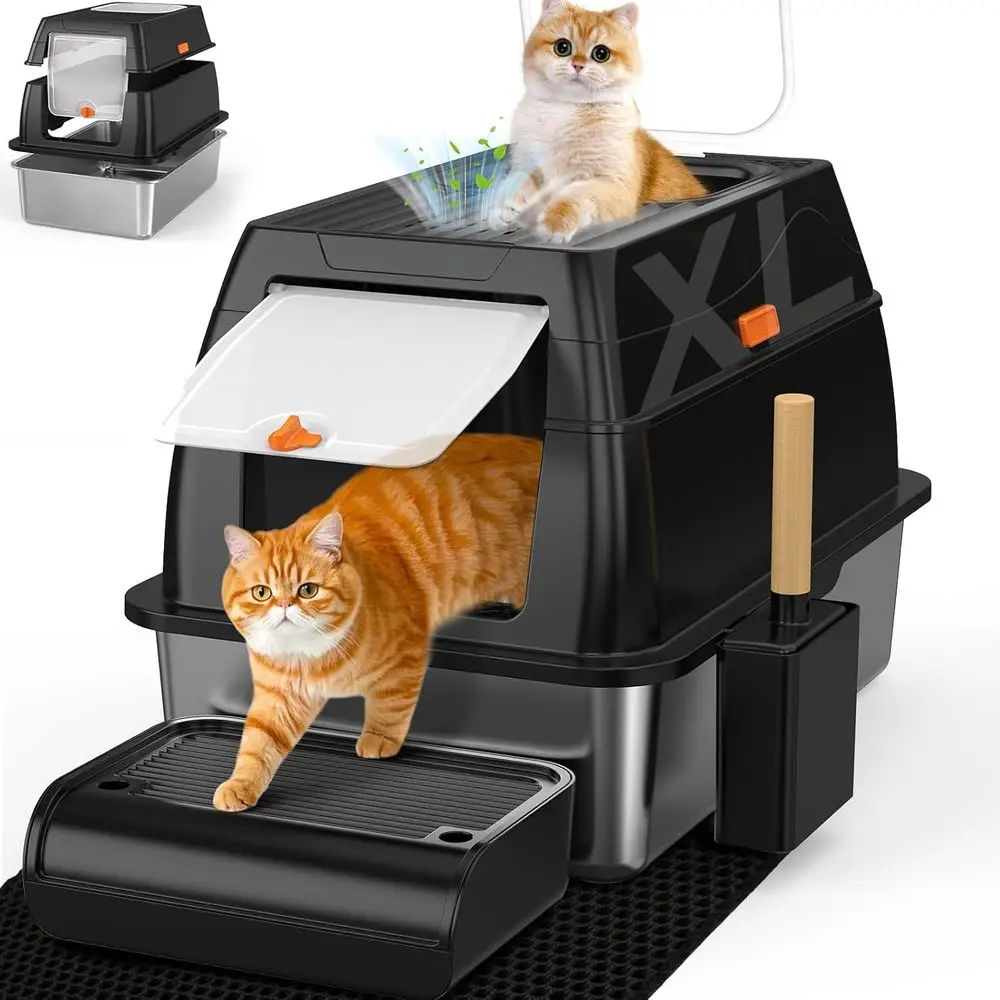 Extra Large Covered Stainless Steel Litter Box with Odor Control, Litter Scoop, Mat, and Step, Black
