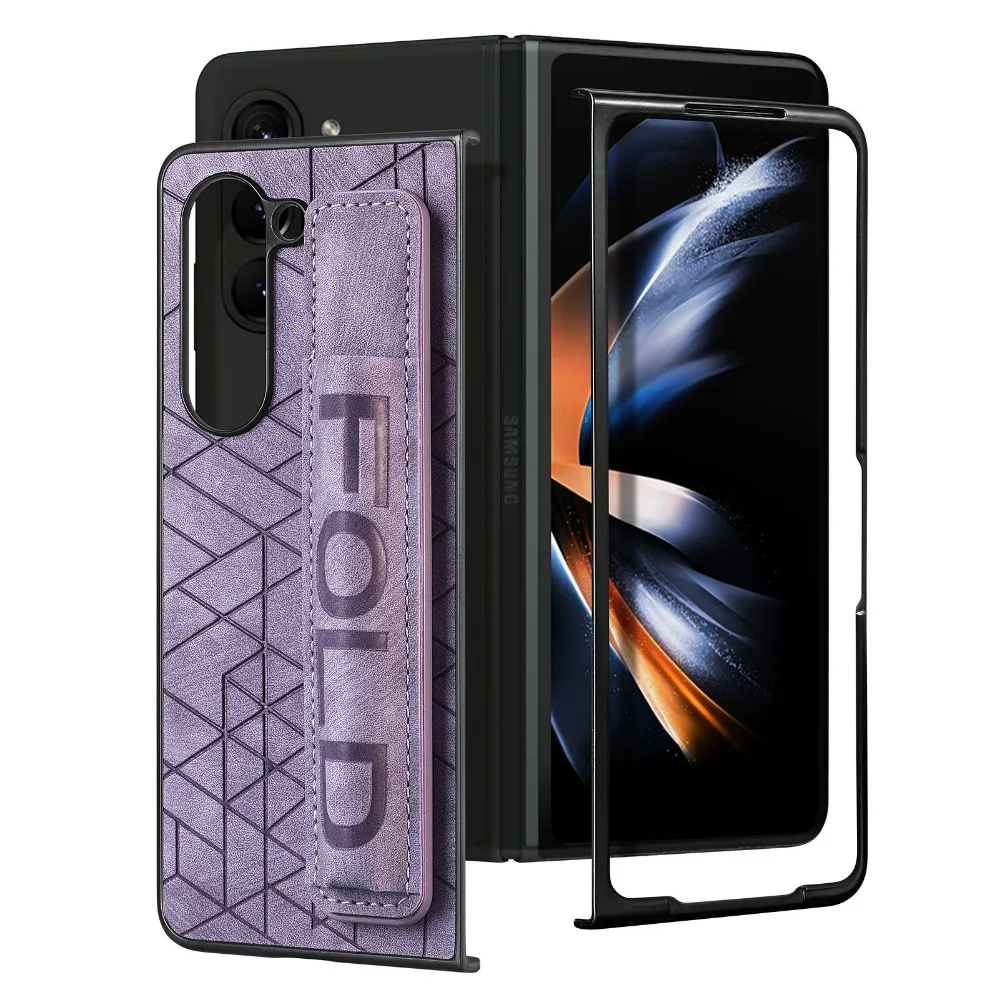 

Чехол из искусственной кожи с ремешком на запястье для Samsung Galaxy Z Fold 6 5 4 3 5 г, жесткий чехол для ПК с держателем для ручки S, ручка для пальцев (без ручки), Fundas