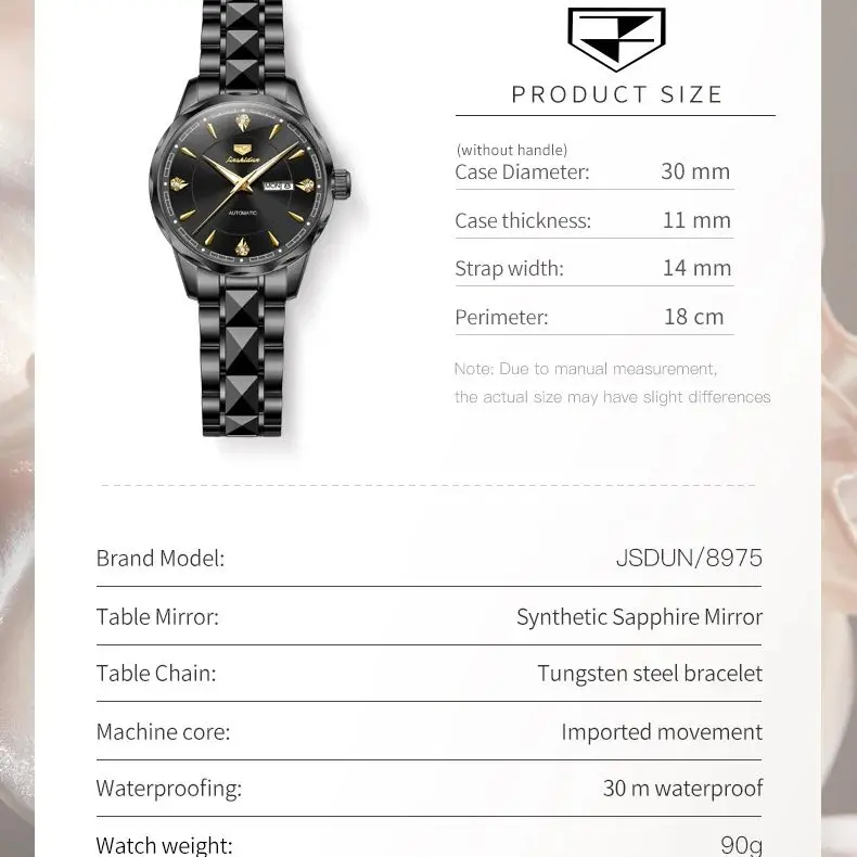 JSDUN High-end Wristwatch for Women Luxury Brand Date Week Diamond Dial Full Gold Tungsten steel Automatic Mechanical Hand Clock