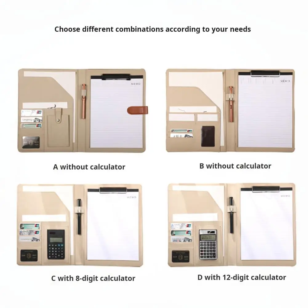 Cuaderno multifuncional A4, con calculadora carpeta de documentos, ranura para bolígrafo, soporte para tarjetas, carpeta de archivos con Clip para documentos