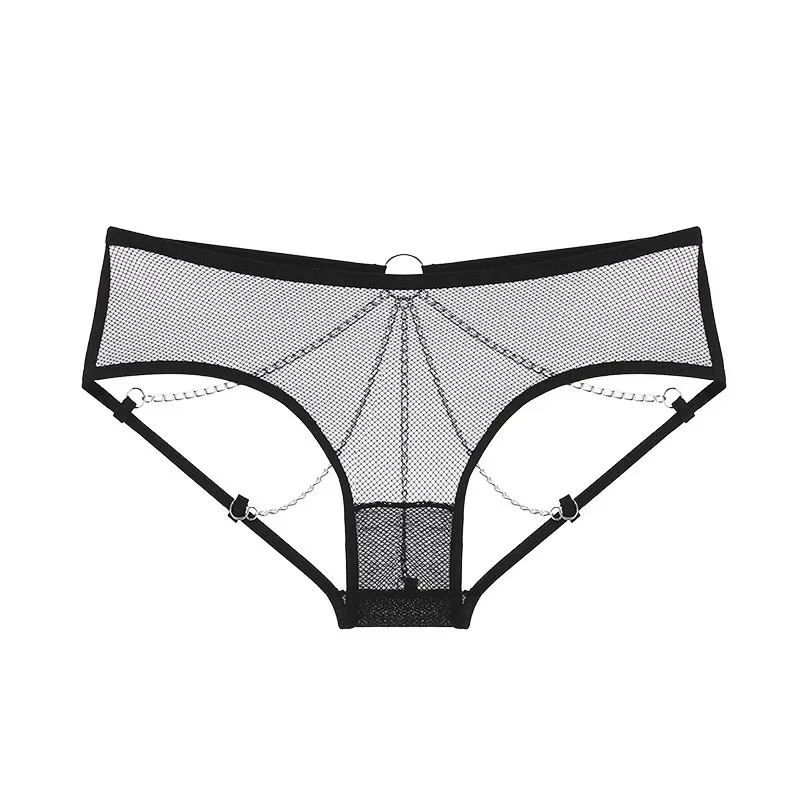 Mini bragas abiertas sexys para mujer, ropa interior de perspectiva de malla, Tanga de cadena de Metal de encaje, calzoncillos íntimos de cintura