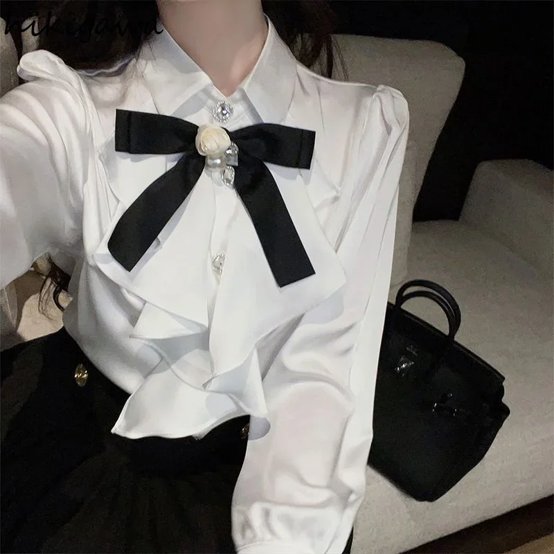 White Long Sleeve Blouse Women Vintage Loose Korean Ruffles Elegant Shirts Temperament Ladies Tops 2023 Blusas Mujer De Moda