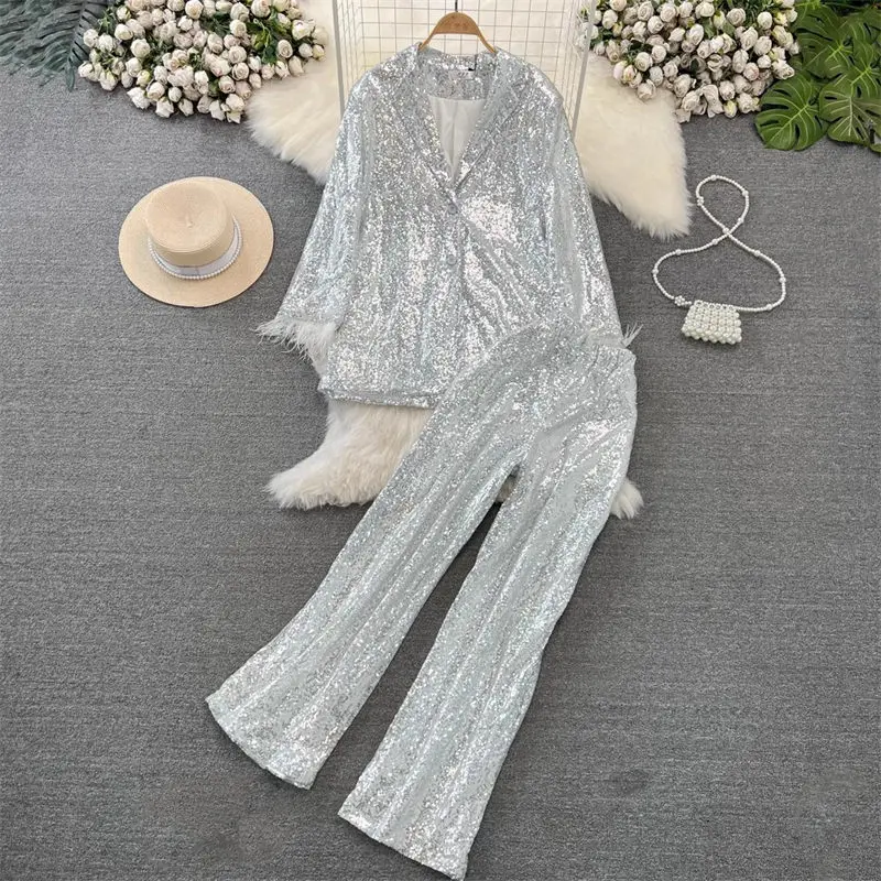 Blazer And Pants Set For Women\'s Fashion Sequins Suit Jacket Two-Piece High Waisted Slim Straight Wide Leg Trousers Outfit Z3896