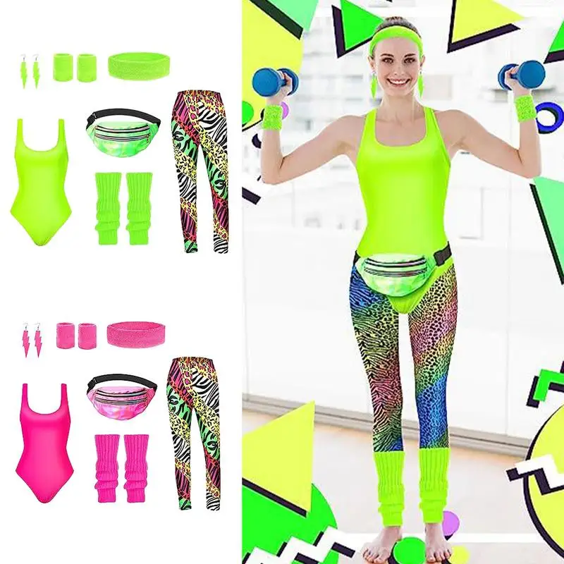 

80s Workout Tights 80s Party Costumes Workout Tops Leggings For Women Jogging Leggings Leg Warmers Earrings Wristband Set