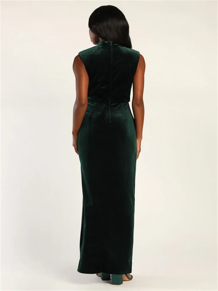 Gorgeous Emerald Ruched Velvet Turtleneck Maxi Dress Strapless Pleated Skirt Thigh-high Slit Draped Elegant Evening Gown