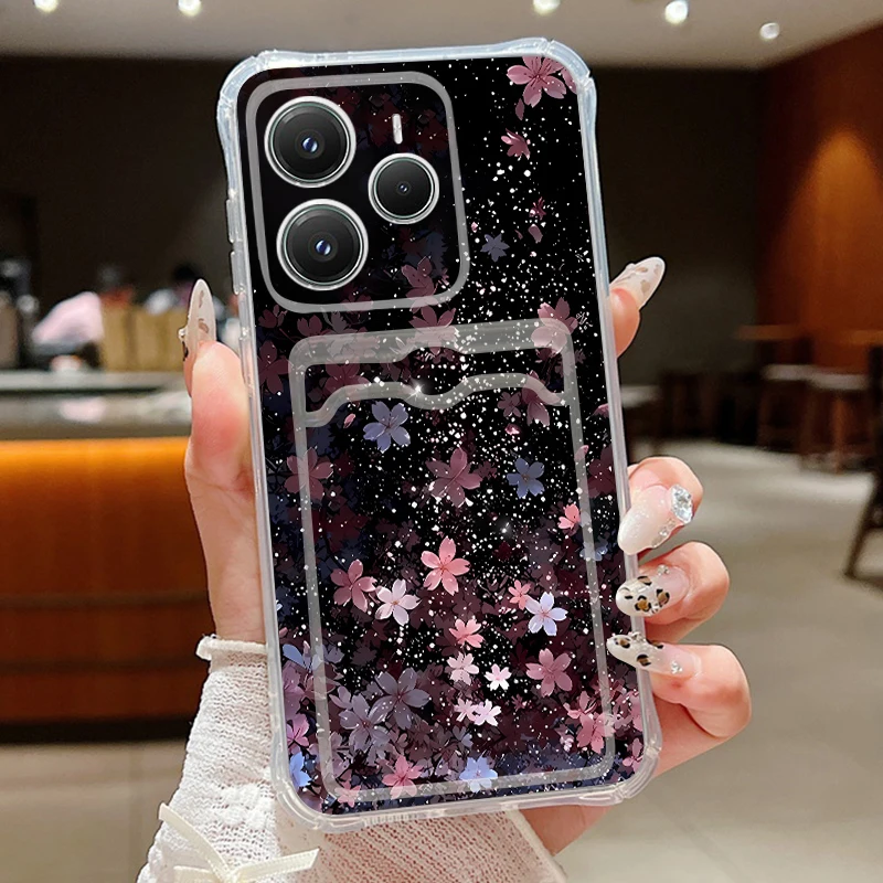 Card Pocket Case For Xiaomi Redmi Note 14 Pro Plus 5G Note 14 13 12 11 Pro 14C 13C 4G Gradient Flower Soft Silicone Phone Cover