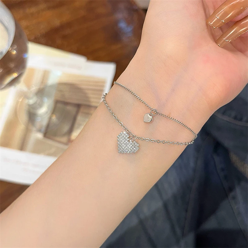 ENSHIR Double Layer Love Heart Bracelets for Women Light Luxury Fashion Hand Jewelry Whoelsae