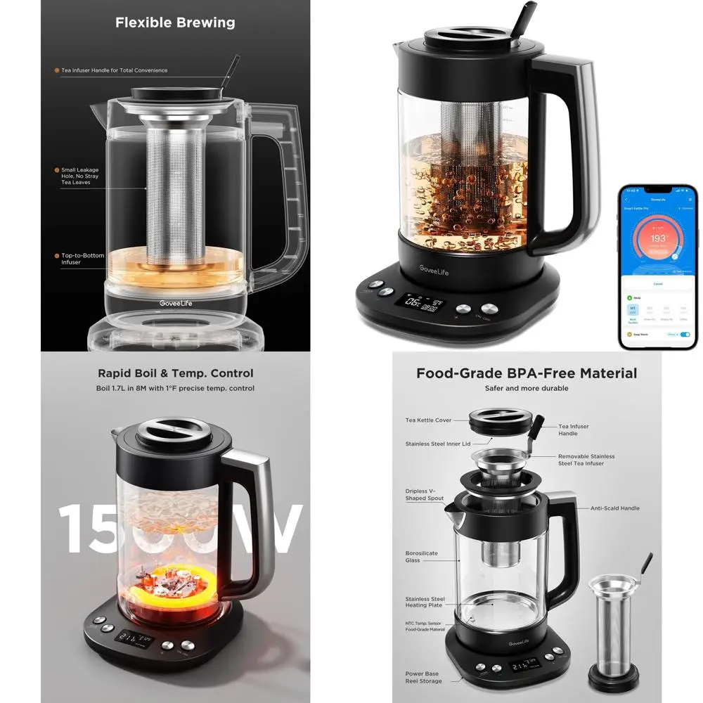 

1.7L Variable Temp Electric Kettle with Tea Infuser, Brewing Program, 2H Warm, Auto-Off, BPA-Free, Black