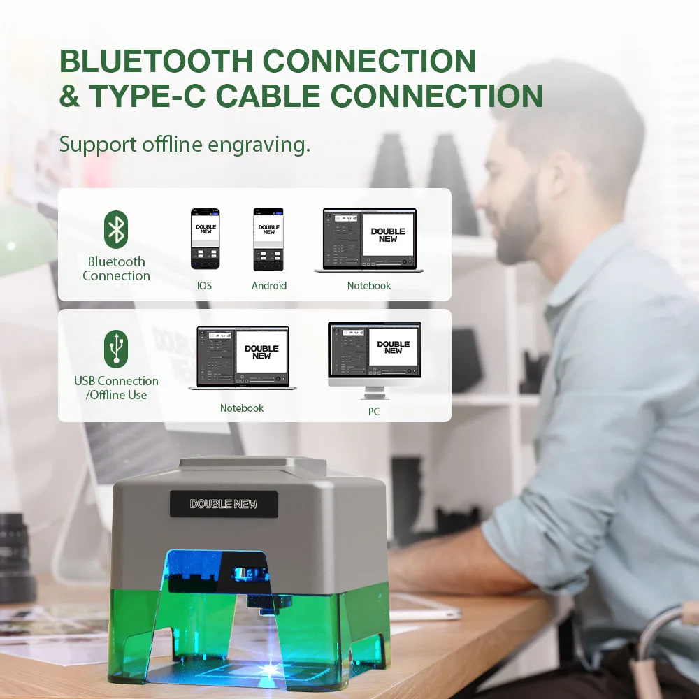 DOUBLE NEW XN003 5W Bluetooth i Type-C Mini Laser grawer o zmiennej ostrości do grawerowania ze stali nierdzewnej/szkła/drewna, 90*80mm obszar