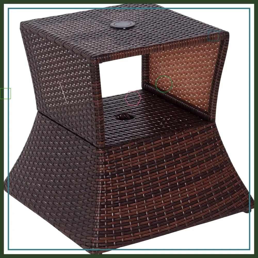 

Outdoor Side Table with Umbrella Hole, 2-Tier Rattan Wicker End Table with Storage Shelf for Patio Garden