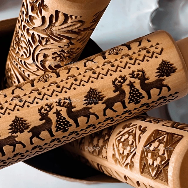 Świąteczny wałek do ciasta z reniferami, drewniana wytłoczona forma do ciastek 3D grawerowana laserowo Narzędzia do pieczenia DIY Wałek do ciasta