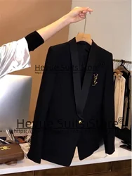 Abiti da uomo Luxuly neri di fascia alta Slim Fit One Button scialle bavero smoking da sposo 2 pezzi set elegante Blazer maschile trajes de hombre