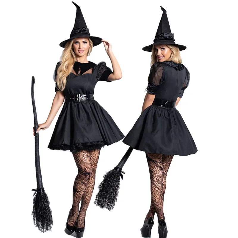 

Halloween Mini Dress Set Witch Cosplay Costume Women'S Stage Play Performance Masquerade Costume Set With Cap Belt