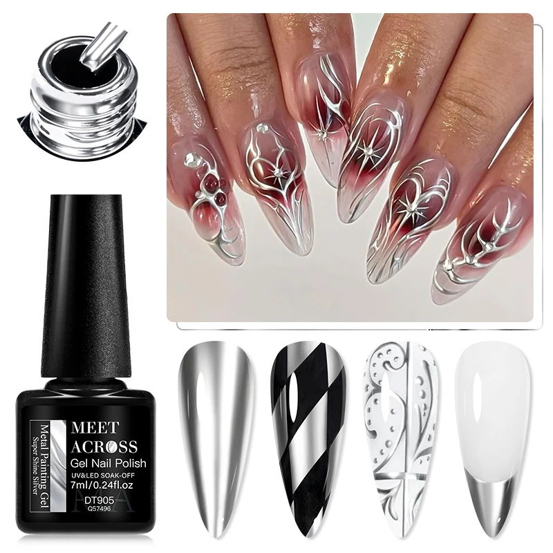 MEET ACROSS 7ml Silver Metal Painting Gel Nail Polish Mirror Effect Line Flower Drawing Gel Soak Off Gel UV Nail Art Varnish DIY