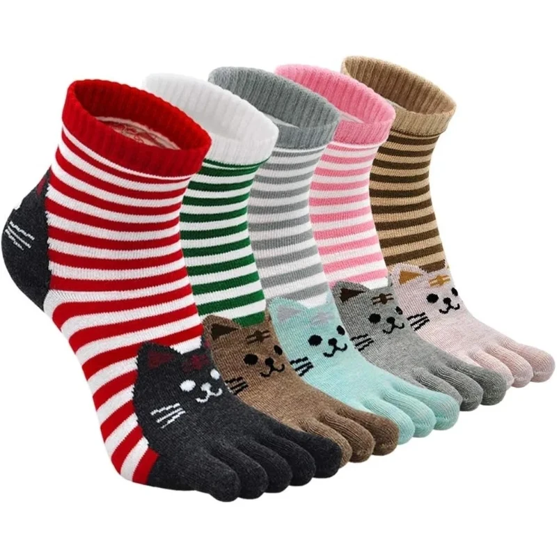 

5 Pairs Cute Toe Socks Women Girl Cotton Striped Bright Color Young Casual Fashion Five Finger Socks Ankle Sock