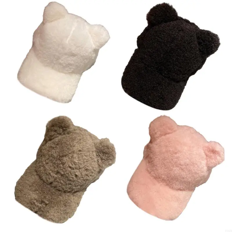 

340D Plush Baseball Caps with Bear Ear Decor Adult Duckbill Caps for Harajuku Outdoor Cycling Hiking Hat for Teens Girls