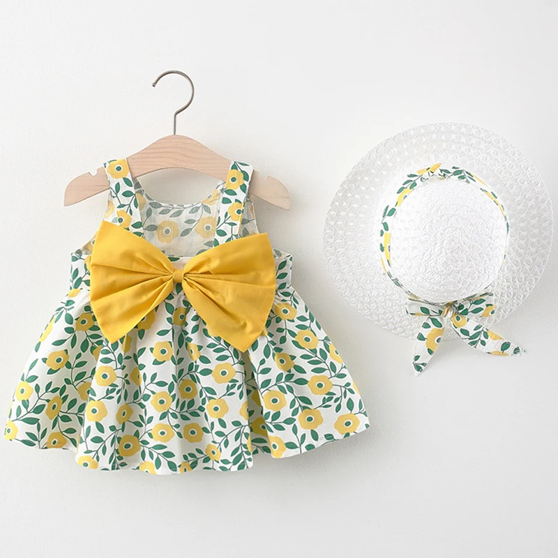 

2Piece Summer Newborn Girl Clothes Korean Flowers Cute Bow Sleeveless Beach Baby Princess Dress+Sunhat Toddler Dresses BC2012-1