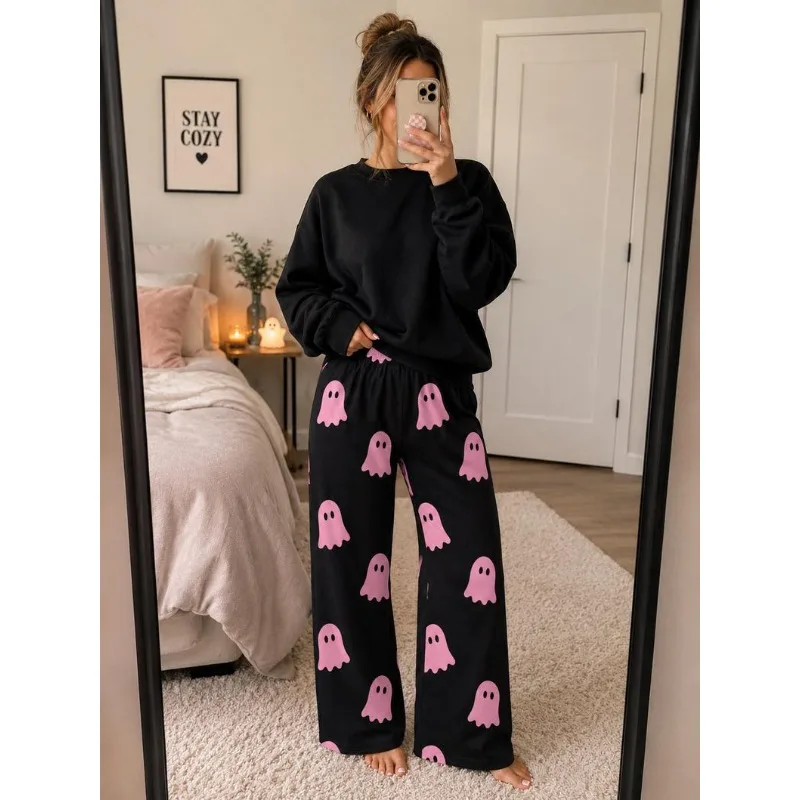 Cute Pink Ghost Printed Women's Home Pants with Halloween Atmosphere, Elastic Waist, Wide Legs, Comfortable Home Sleeping Pants