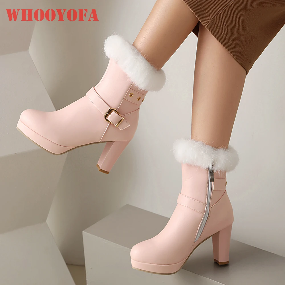 

2025 New Winter Glamour Pink White Women Ankle Platform Boots High Sqaure Heel Lady Shoes Plus Small Big Size 11 30 41 44 48