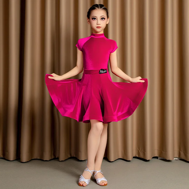 子供ラテンダンス衣装半袖新しいベルベット夏秋練習グレードテスト競技規則