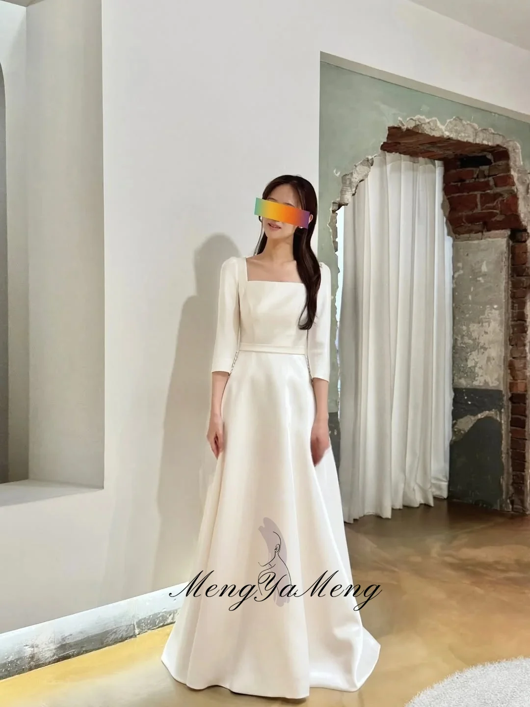 Elegant Half Sleeve Square Neck Korea Wedding Dresses Photos Shoot Customized Soft Satin A Line Floor Corset Bridal Gown
