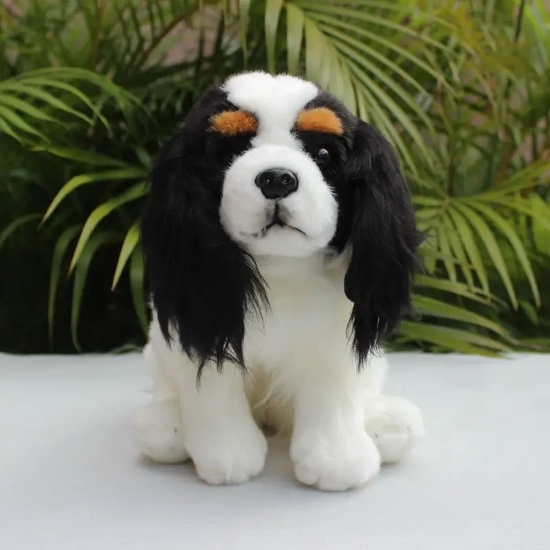 Lifelike King Charles Spaniel Dog Black White Puppy Emulational Pet Animal Soft Stuffed Doll Plush Toy Girl Boy Birthday Gift