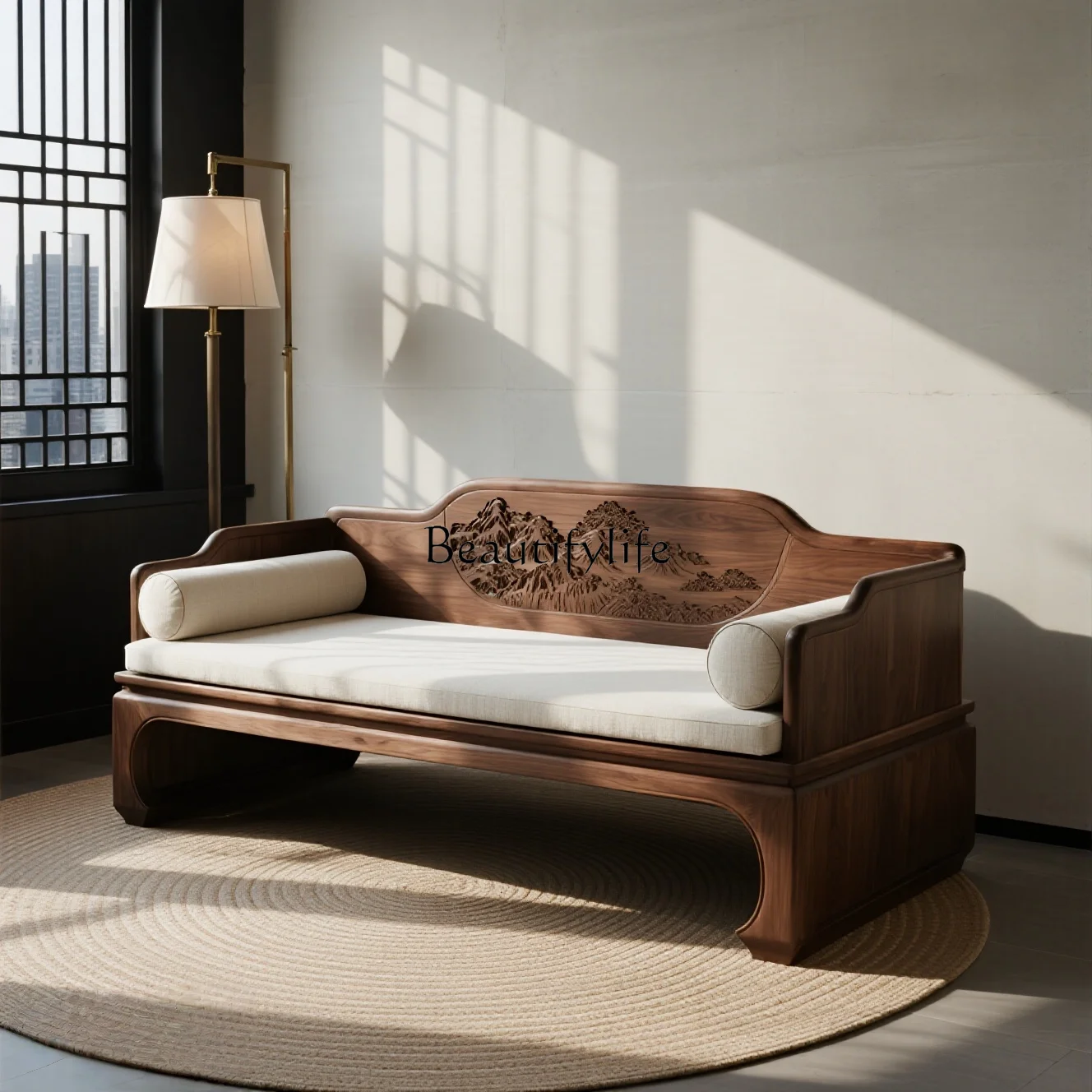 

New Chinese ash wood home living room Arhat bed black walnut sofa bed chaise longue furniture