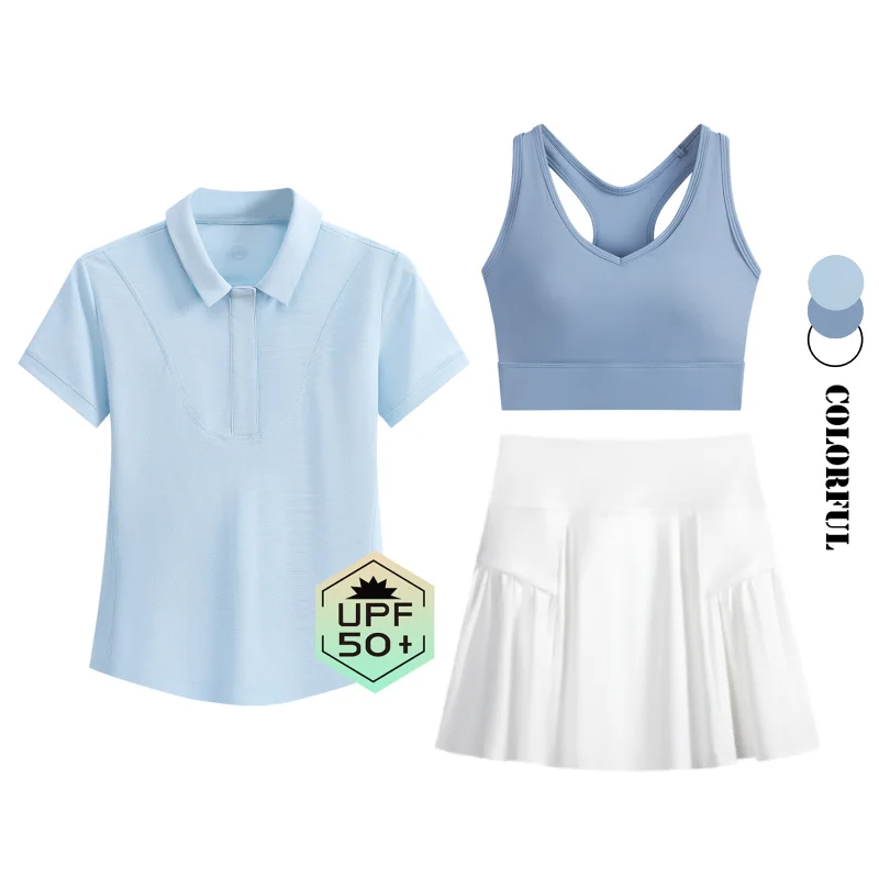 DRUR 2/3 Pieces Pleated Tennis Skirt Set With Polo V-Neck UPF 50+ Sports Top And A-Line Golf Skirts Suit Women Casual Sportswear