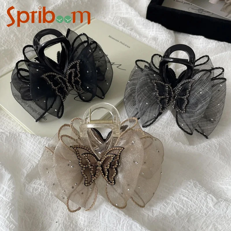 Rhinestone Butterfly Grab Clip for Women Temperament Elegant Mesh Hair Clip Fashion Hair Accessories Korean Hairpin Headdress