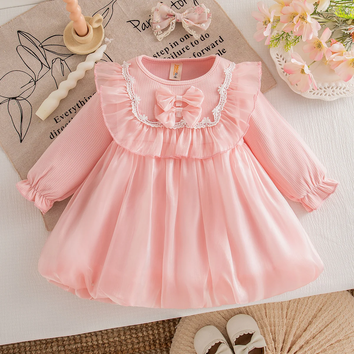 

Baby Girl Clothes Spring And Autumn Bow Solid Color Doll Collar Long-Sleeved Baby Girl Dress Cute Casual Girls Dress