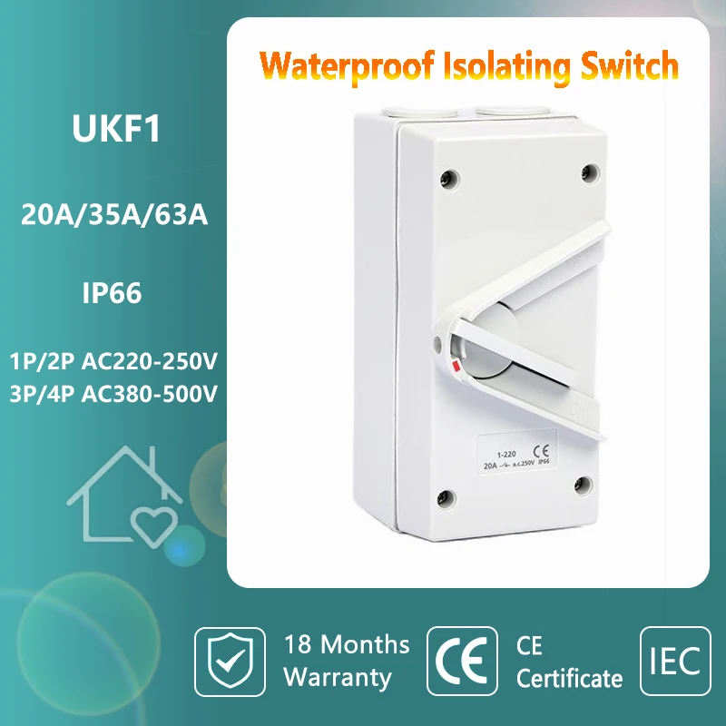 Industrial Waterproof Isolation ON OF Switch AC 220V IP66  4Pole 20A 35A 63A 440V Outdoor Electric Isolator Switch