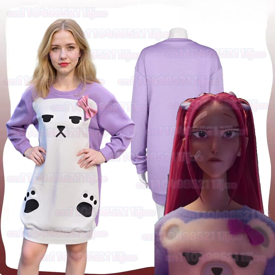 

Mira KPop Demon Cos Hunters Cosplay Purple Pajamas Costume Women Girls Movie Roleplay Sleepwear Hoodie Hair Ring Halloween Suit