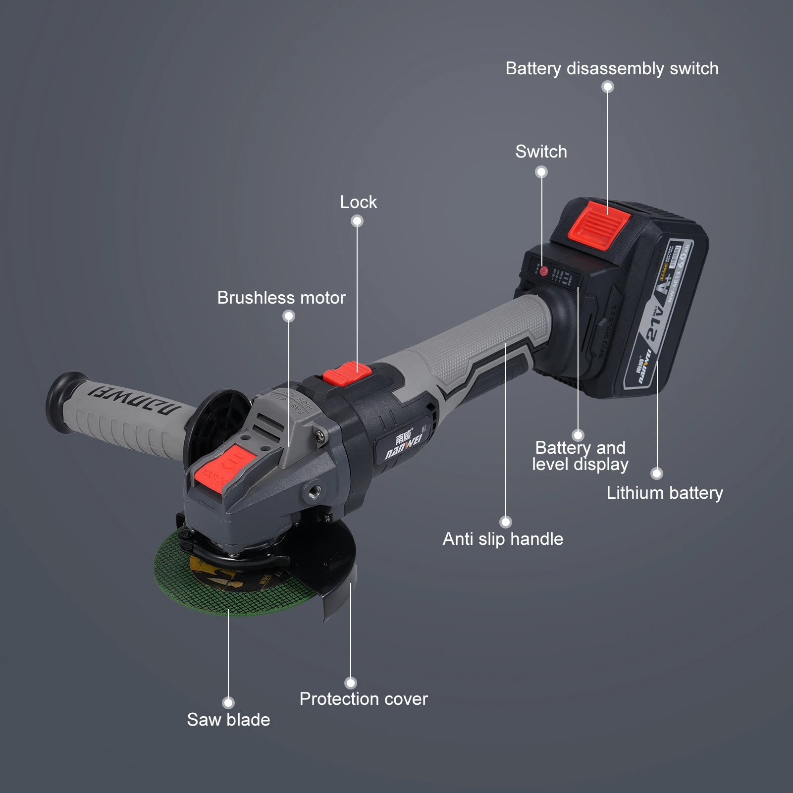 コードレスアングルグラインダー 3段階速度調整 電動グラインダー パワーディスプレイ ブラシレスモーター 21V 4000mAhバッテリー 切断研磨用
