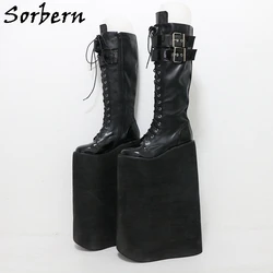 Sorbern 40Cm buty w stylu Punk damskie dla Drag Queens fetysz w stylu uniseks szeroki pasek z klamrami pianki koturny łydki buty niestandardowe