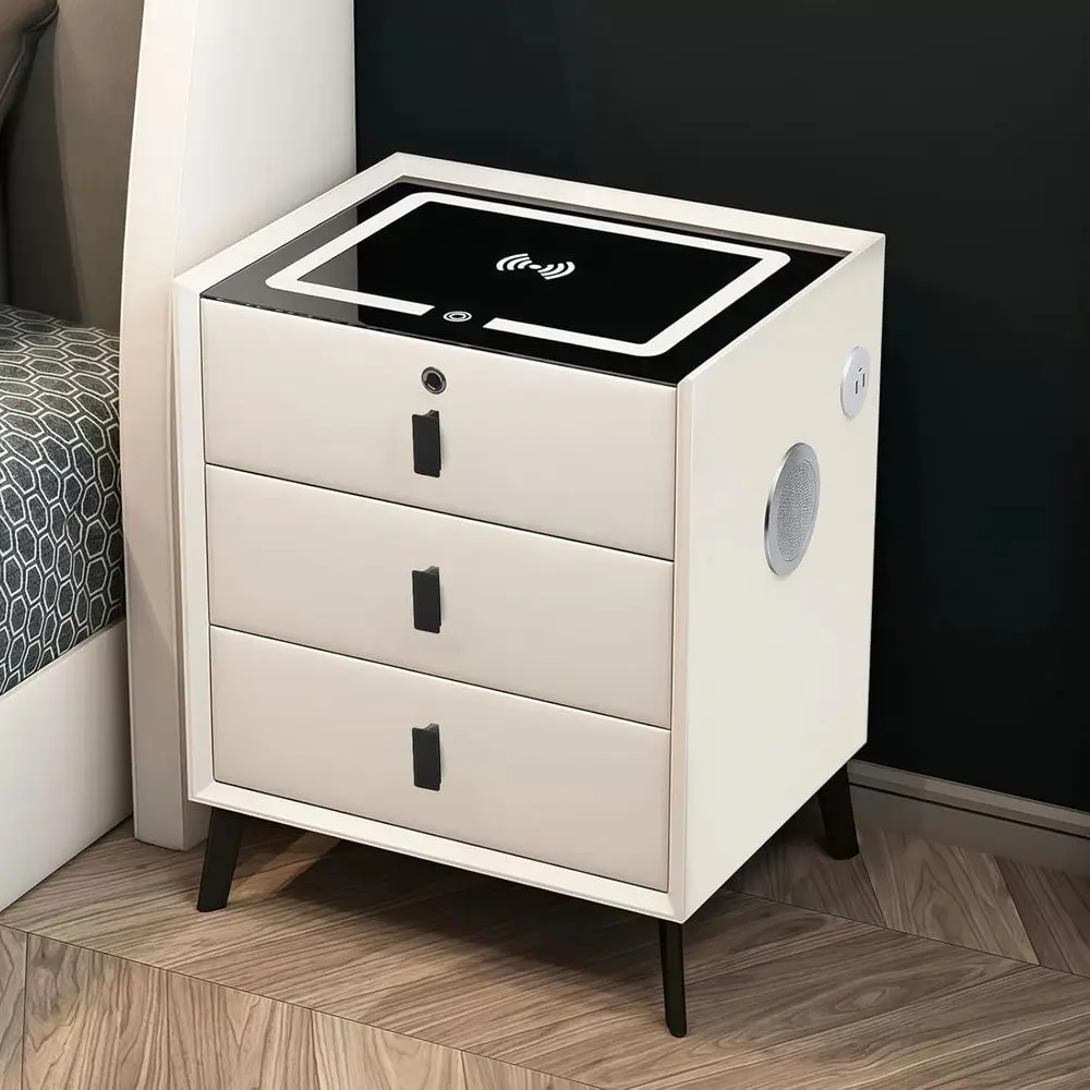 Mesa de Cabeceira com Carregamento, LED, Caixa de Som Bluetooth, Portas USB, Fechadura por Impressão Digital, Criado-Mudo com 3 Gavetas na Cor Branca