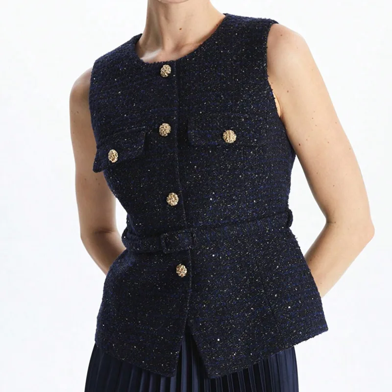 

Женский текстурированный жилет с круглым вырезом, металлической пряжкой и поясом, облегающий, стройнящий, летний, в стиле ретро, универсальный, для повседневной носки