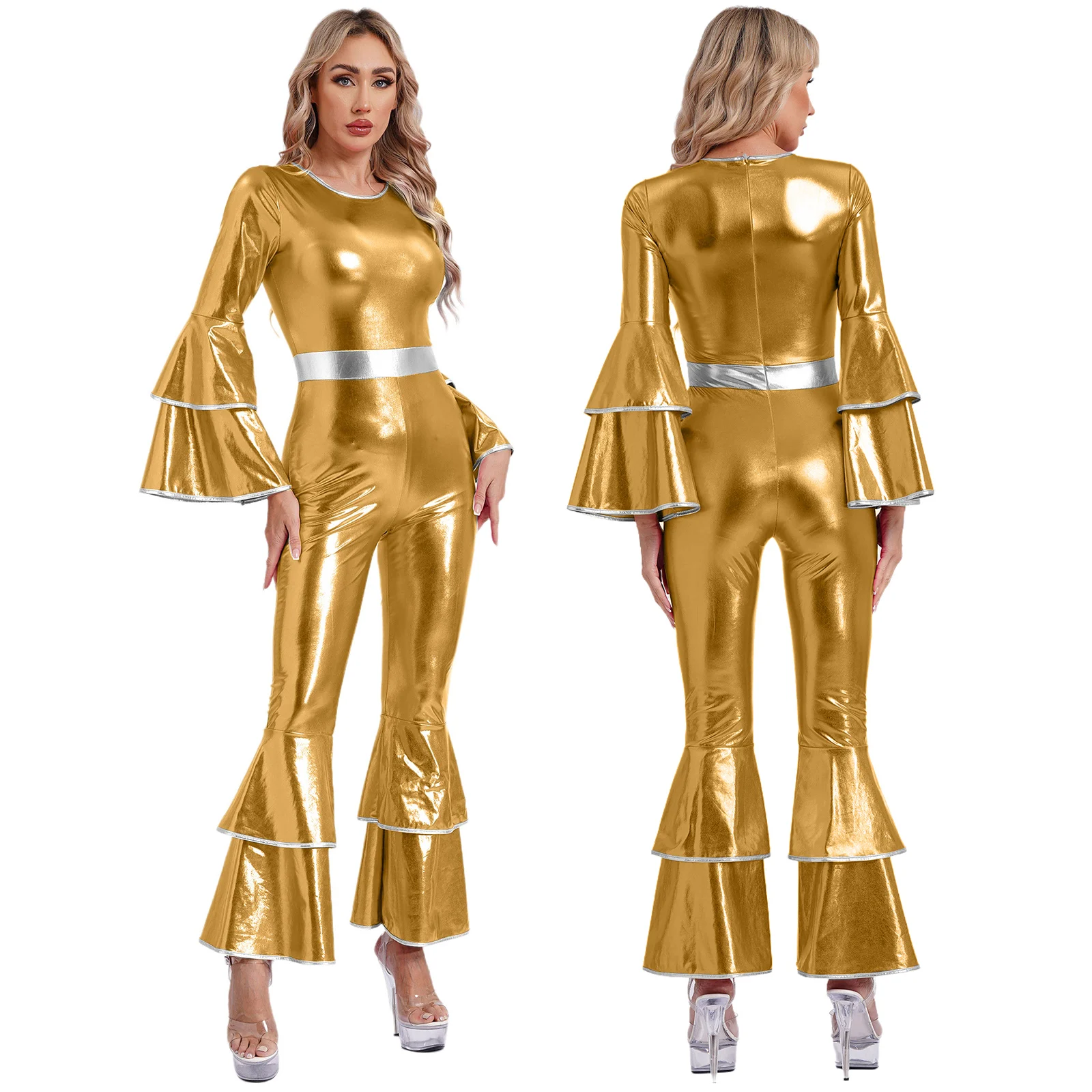 Womens 70S Disco Vintage Jumpsuit Metallic Glanzende Flare Mouw Romper Hippie Bell Bottom Jazz Dance Carnaval Rave Party Kostuum