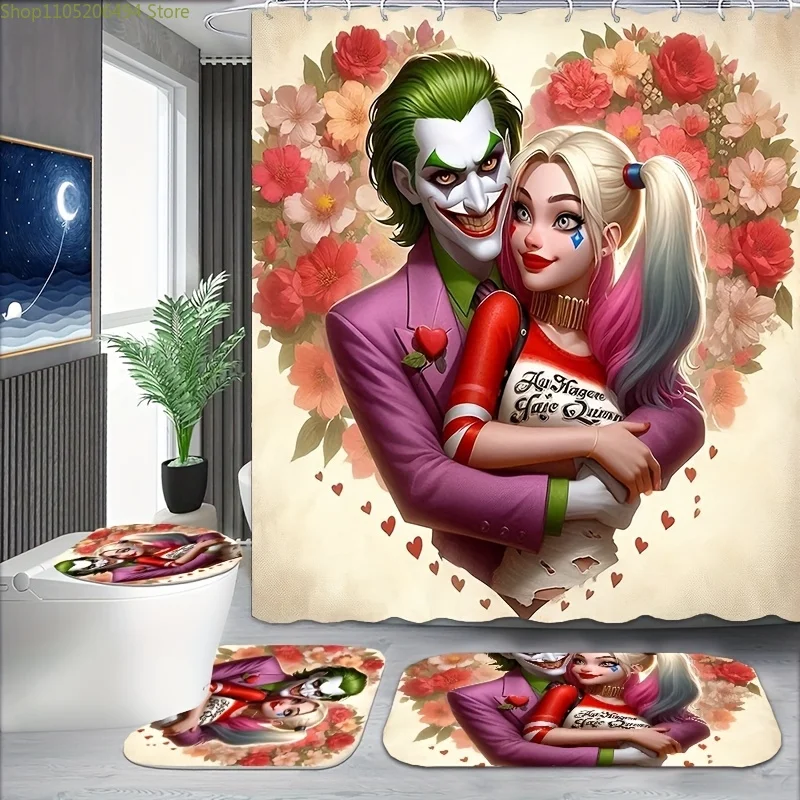 

Authorized Warner Bros.4pcs Joker Polyester Shower Curtain Sets, with 12 Hooks, Bathroom Non-Slip Floor Mats, Toilet Cover Mat