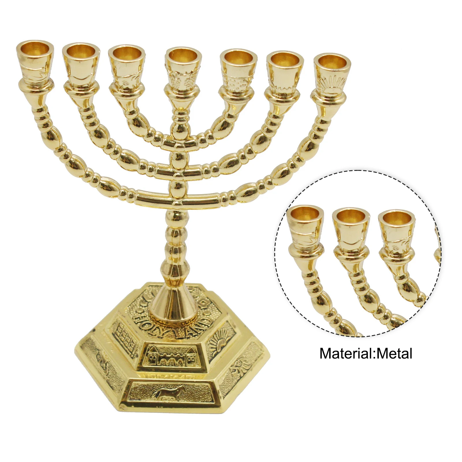 7 Branch Menorah Candle Holder Jerusalem Temple 12 Tribes of Israel Menorah with Aaron Rod Manna Vessel and Tablets 5.11-inch